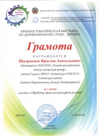 Грамота Шадртнцев Ярослав 1 место краевая выставка Чудо - дерево